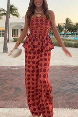 Chainlink Printed Bubble Back Pleated Slip Top and Elastic Waist Pocket Loose Pants Set