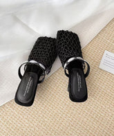 Stylish Hollow Out Splicing Wedge Black Cowhide Leather Slide Sandals