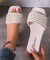 White Faux Leather Nail Bead Splicing Slide Sandals