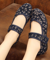 Vintage Print Cotton Fabric Flat Shoes For Buckle Strap Flat Shoes For Women