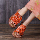 Summer Vintage Leather Floral Platform Slippers