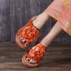 Summer Vintage Leather Floral Platform Slippers