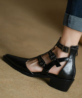 Pointed Toe Zippered Splicing Chunky Sandals Black Cowhide Leather