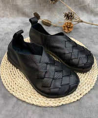 Black Flat Shoes For Handmade Cowhide Leather Fitted Splicing