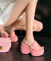 Pink Wedge Heels Slide Sandals Peep Toe