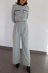 Contrasting Cropped Long Sleeve Top and Pocket Straight Leg Pants Set
