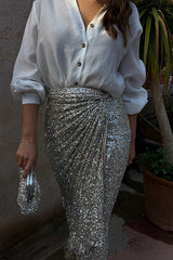 Disco Dancing Queen Sequin Wrap Tie-up Slit Midi Skirt