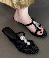 Black Wedge Suede Zircon Beautiful Splicing Slide Sandals