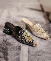 Black Zircon Chunky Heel Pointed Toe Slide Sandals