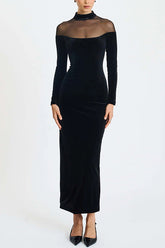 Velvet and Mesh Spliced long-sleeved Slim-fit Maxi Dress
