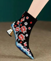 Black Flower Embroidered Pointed Toe Short Boots