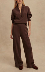 Meet The Autumn Ribbed Zipper Neck Sweatshirt and Elastic Waist Pocketed Loose Pants Set