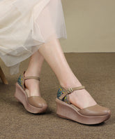 Khaki Cowhide Buckle Strap Platform Sandals
