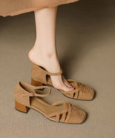 Women Buckle Strap Splicing Chunky Sandals Caramel Suede