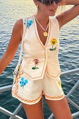 Flower Printed Linen Blend Button Vest and Elastic Waist Pocketed Shorts Set