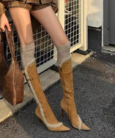 Fine Splicing Stiletto Boots Yellow Suede Fuzzy Wool Lined Pointed Toe