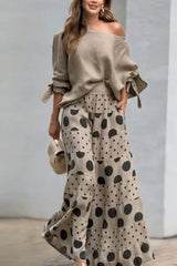 Tie-cuff Loose Top and Polka Dot Print Pocket Wide Leg Pants Set