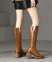 Brown Boots Chunky Cowhide Leather Splicing Zippered