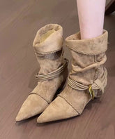 Boho Splicing Chunky Boots Apricot Suede Wrinkled Pointed Toe