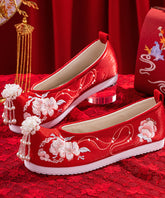 Wedding Flat Shoes For Red Embroideried Cotton Fabric