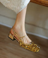 Gold Square Toe Chunky Heel Buckle Strap Sequins Sandals