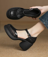 Black Sheepskin Hollow Out Buckle Strap Splicing Chunky Heel Sandals