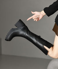 Brown Boots Chunky Cowhide Leather Splicing Zippered