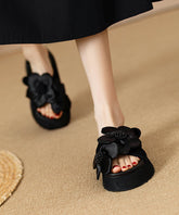 Black Platform Faux Leather Floral Splicing Slide Sandals