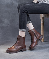 Black Lace Up Warm Fleece Cowhide Leather Ankle Boots