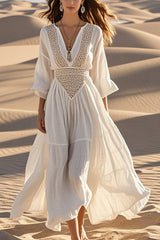 Hollow V-neck Full Hem Holiday Style Midi Dress