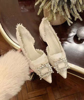Beige French Zircon Splicing Flat Feet Shoes Pointed Toe