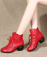 Comfortable Splicing Chunky Boots Red Cowhide Leather Hollow Out Lace Up