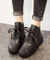Black Genuine Leather Boots Warm Fleece Lace Up Boots
