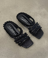 Black Wrinkled Sheepskin Slide Sandals Peep Toe