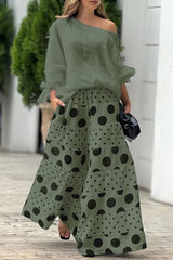 Tie-cuff Loose Top and Polka Dot Print Pocket Wide Leg Pants Set