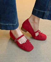 Red Buckle Strap Bow Splicing Chunky Shoes Suede