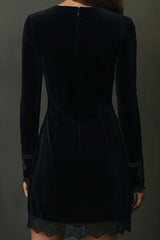 Velvet V-neck Long-sleeved Lace-trimmed Mini Dress