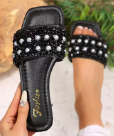 French Nail Bead Splicing Black Faux Leather Slide Sandals