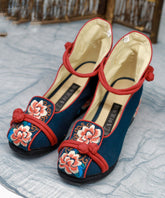 Blue High Wedge Heels Shoes Wedge Embroideried Comfy Cotton Fabric Buckle Strap High Wedge Heels Shoes