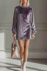 Solid Color Velvet Round Neck Long Sleeve Loose Mini Dress