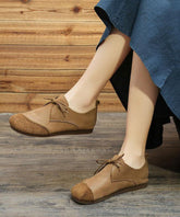 Khaki Genuine Leather Flat Shoes For Lace Up Splicing Flat Shoes