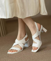 Hollow Out Splicing Chunky Heel Sandals White Faux Leather