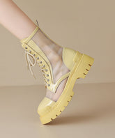 Yellow Lace Up Chunky Breathable Mesh Splicing Boots