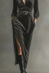 Solid Color Long-sleeved High-waisted Belted Casual Pocket Midi Dress