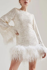 Sequined Feather Long-sleeved Backless Mini Dress