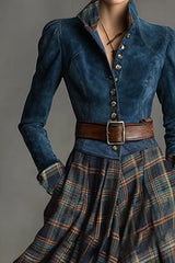 Faux Denim Suede Patchwork Long-sleeved Casual Maxi Dress
