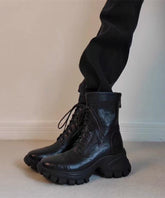 Fashion Black Sheepskin Splicing Lace Up Boots