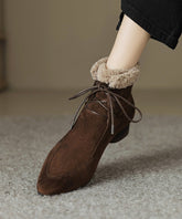 Classy Lace Up Splicing Chunky Boots Brown Suede Fuzzy Wool Lined