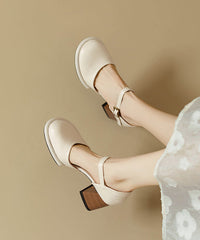 Beige Cowhide Leather Classy Splicing Chunky Heel Sandals