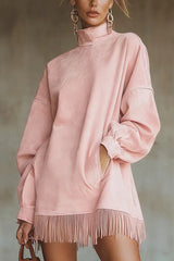 Suede High-neck Long-sleeved Loose-fitting Pockets Tassel Mini Dress